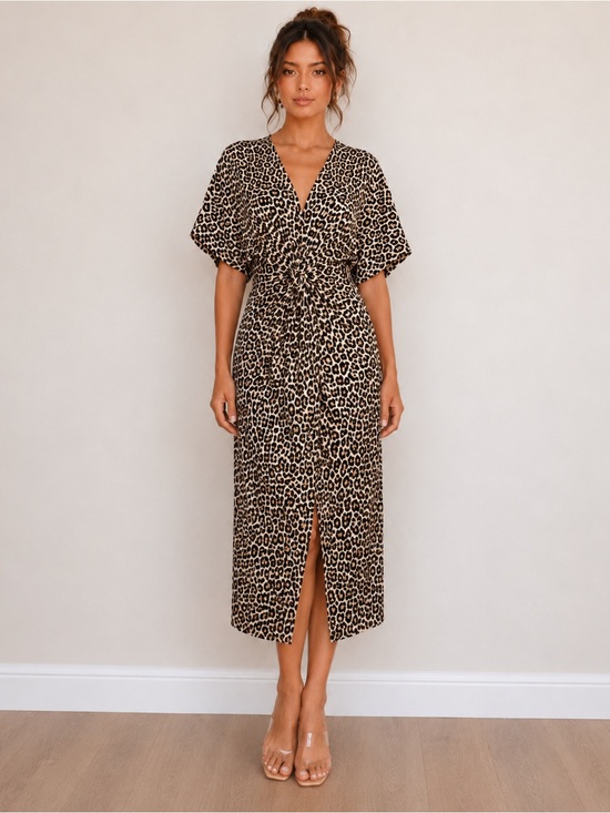 Fashion Nova Dresses & Skirts - Fashion Nova Leopard Print Twist Front Midi Dress XS
